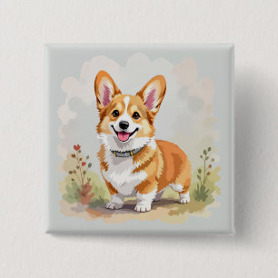 Badge Carré 5 Cm Chien Corgi Gallois Pembroke Rouge Mignon