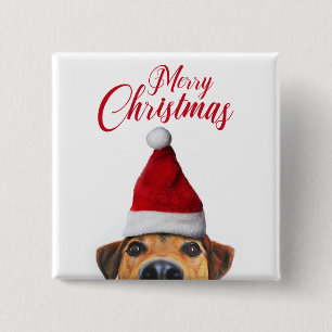 Badge Carré 5 Cm Chien curieux mignon drôle avec un chapeau de Père