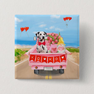 Badge Carré 5 Cm Chien dalmate Saint Valentin Coeurs de Camion