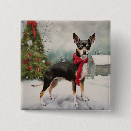 Badge Carré 5 Cm Chien de Rat Terrier à Noël de neige (Devant)