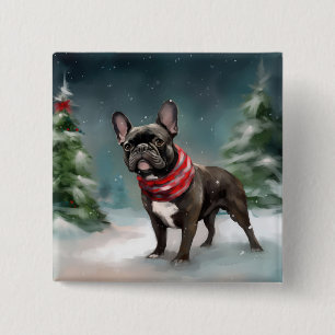 Badge Carré 5 Cm Chien de taureau français à Noël de neige