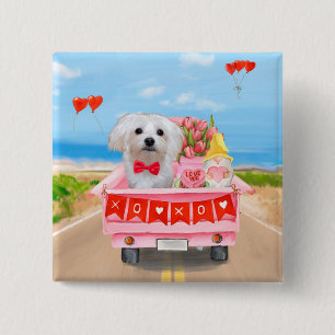Badge Carré 5 Cm Chien maltais Saint Valentin Camion