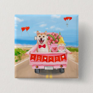 Badge Carré 5 Cm Chien Shiba Inu Saint Valentin Coeurs de Camion