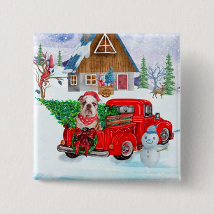 Badge Carré 5 Cm Chien-taureau Anglais En Livraison De Noël Camion 