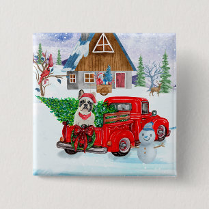 Badge Carré 5 Cm Chien-taureau français en livraison de Noël Camion
