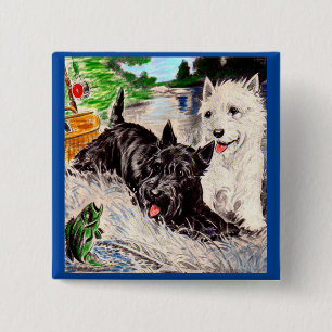 Badge Carré 5 Cm Chiens écossais Blackie et Whitie Fishing