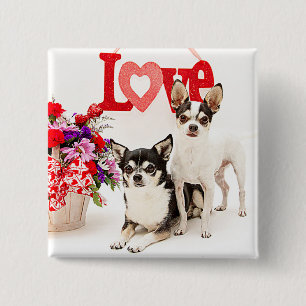 Badge Carré 5 Cm Chihuahua's, Fleurs et Amour