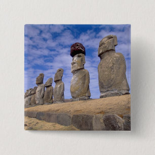 Badge Carré 5 Cm Chili, île de Pâques. Les 15 Moais à Ahu