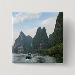 Badge Carré 5 Cm Chine, Guilin, Li River, bateaux fluviaux bordent