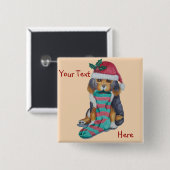 Badge Carré 5 Cm chiot noir et brun mignon vêtu pour noël (Devant & derrière)