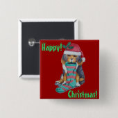 Badge Carré 5 Cm chiot noir et brun mignon vêtu pour noël (Devant & derrière)