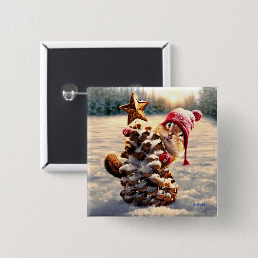 Badge Carré 5 Cm Chipmunk Avec Pine Cone Tree (Devant & derrière)
