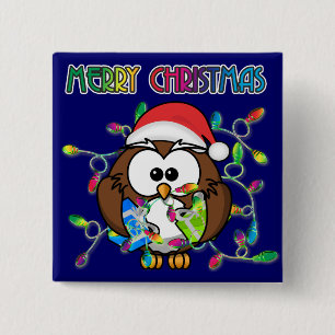 Badge Carré 5 Cm Chouette de père Noël et lumières de Noël