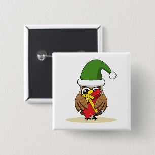 Badge Carré 5 Cm Chouette elfe de Noël avec présent
