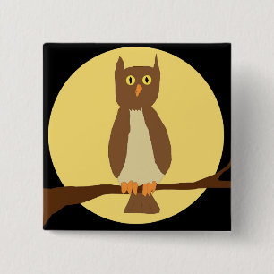 Badge Carré 5 Cm Chouette en lune sur épingle noire