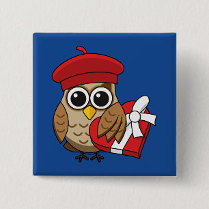 Badge Carré 5 Cm Chouette mignonne avec béret rouge et boîte cardia