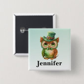 Badge Carré 5 Cm Chouette mignonne dans un chapeau vert (Devant & derrière)