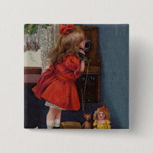 Badge Carré 5 Cm Christmas Little Girl Téléphone Antique