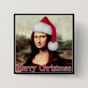 Badge Carré 5 Cm Christmas Mona Lisa With Santa Hat