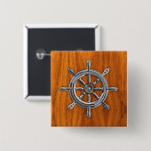 Badge Carré 5 Cm Chrome style Nautical Wheel on Teak (Devant & derrière)