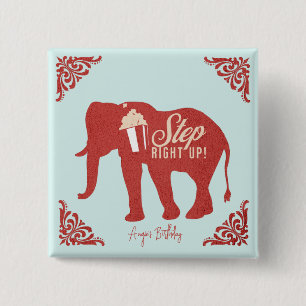 Badge Carré 5 Cm Cirque Rétro Eléphant Popcorn Fête d'anniversaire