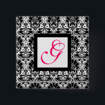 Badge Carré 5 Cm CLASSY DAMASK MONOGRAM,pink fuchsia<br><div class="desc">Elegant,  classy,  unique floral design, black white carnations Easy to customize with your initials and own text  as a wedding announcement , place cards , save-the-date , romantic engagement ,  thank you cards ,  bridal showers, sweet 16 birthday parties anniversary, graduation or just about any event you wish!</div>