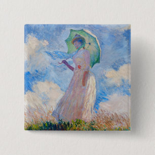 Badge Carré 5 Cm Claude Monet - Femme avec Parasol face à gauche