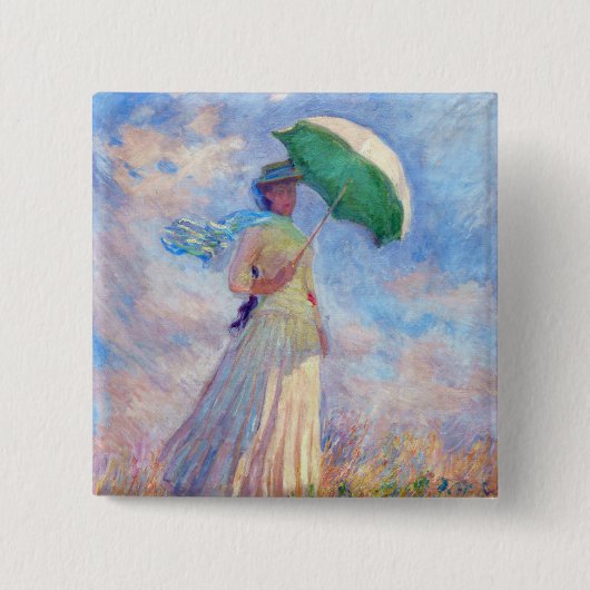 Badge Carré 5 Cm Claude Monet - Femme avec un parasol face à droite (Devant)