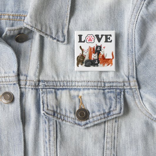 Badge Carré 5 Cm Clowder mignon de chats illustration avec LOVE (En situation)