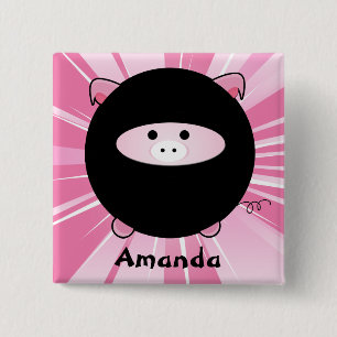 Badge Carré 5 Cm Cochon de Ninja personnalisé en rose