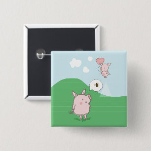 Badge Carré 5 Cm Cochon Flottant mignon Dit Bonjour