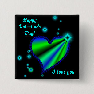 Badge Carré 5 Cm Coeur arc-en-ciel bleu vert avec étoiles