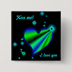 Badge Carré 5 Cm Coeur arc-en-ciel bleu vert avec étoiles