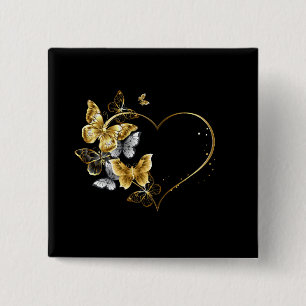 Badge Carré 5 Cm Coeur aux papillons d'or