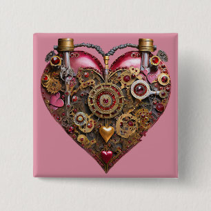 Badge Carré 5 Cm Cœur de Streampunk Rubis Saint-Valentin
