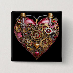 Badge Carré 5 Cm Cœur de Streampunk Rubis Valentin