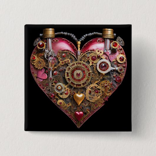 Badge Carré 5 Cm Cœur de Streampunk Rubis Valentin (Devant)