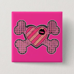 Badge Carré 5 Cm Coeur punk et os croisés