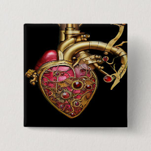 Badge Carré 5 Cm Cœur Steampunk Rubis et Engrenages Anatomiques
