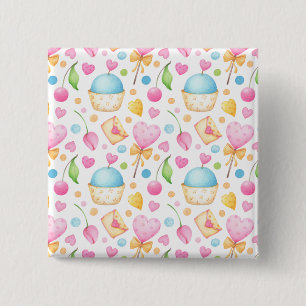 Badge Carré 5 Cm Coeurs et cupcakes Motif d'aquarelle