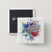 Badge Carré 5 Cm Coeurs Et Lavages Dans L'Aquarelle (Devant & derrière)