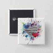 Badge Carré 5 Cm Coeurs Et Lavages Dans L'Aquarelle (Devant & derrière)