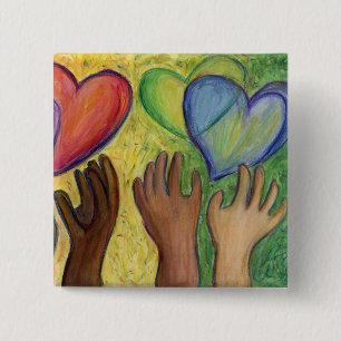 Badge Carré 5 Cm Coeurs et mains Diversité Love Bouton ou Portable 