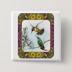 Badge Carré 5 Cm Colibris et fleurs #2