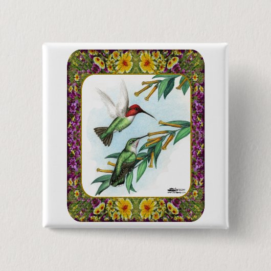 Badge Carré 5 Cm Colibris et Fleurs #4 (Devant)