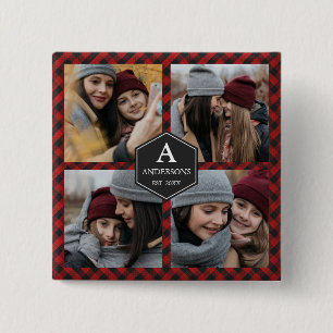 Badge Carré 5 Cm Collage de photos de famille en carreaux rouges et