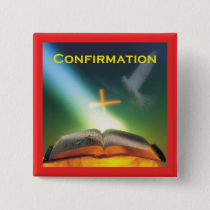 Badge Carré 5 Cm Colombe de confirmation, Bible, Croix
