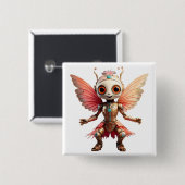 Badge Carré 5 Cm Coral Gold Cute Dancing Robot Pixie (Devant & derrière)