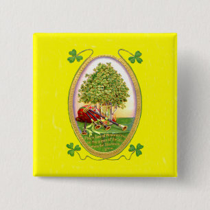 Badge Carré 5 Cm Cornemuses Shamrock Or Vert