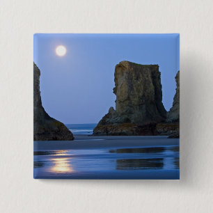 Badge Carré 5 Cm Coucher de lune, plage de Bandon, Oregon.